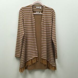 LOGO Lori Goldstein Womens Cardigan Sweater With Tank Brown White Striped Lace S